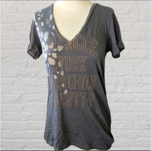 AMERICAN EAGLE Gray Graphic V-neck Tee with Bleach Dyed Spots Size Large - Picture 1 of 9
